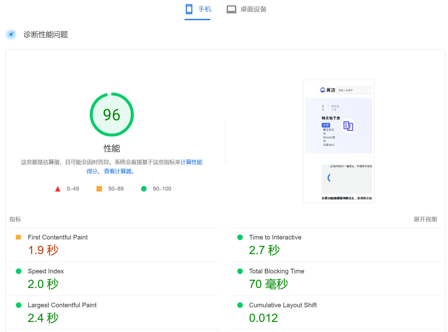谷歌测速速度得分